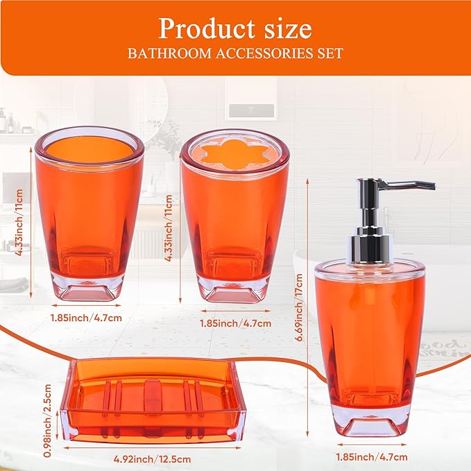 4-Piece Warm Orange Acrylic Bathroom Accessories Set — Soap Dispenser, Toothbrush Holder, Soap Dish & Mouthwash Cup, Vanity Countertop Organizer for Orange Boho Bathroom Decor