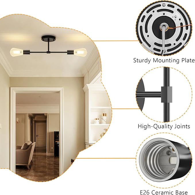 FadimiKoo 2-Light Black Bathroom Light Fixtures, Modern Wall Sconces Lighting Fixtures, Indoor Semi Flush Mount Ceiling Light for Hallway Bedroom Kitchen (2 Pack)