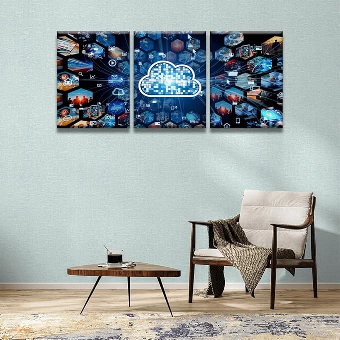 Canvas Wall Art Cloud Computing Concept Communication Network Pictures Posters, 3 Panel Modern Wall Art for Home Decoration, Framed Gallery-Wrapped Ready to Hang, 12x16inchx3