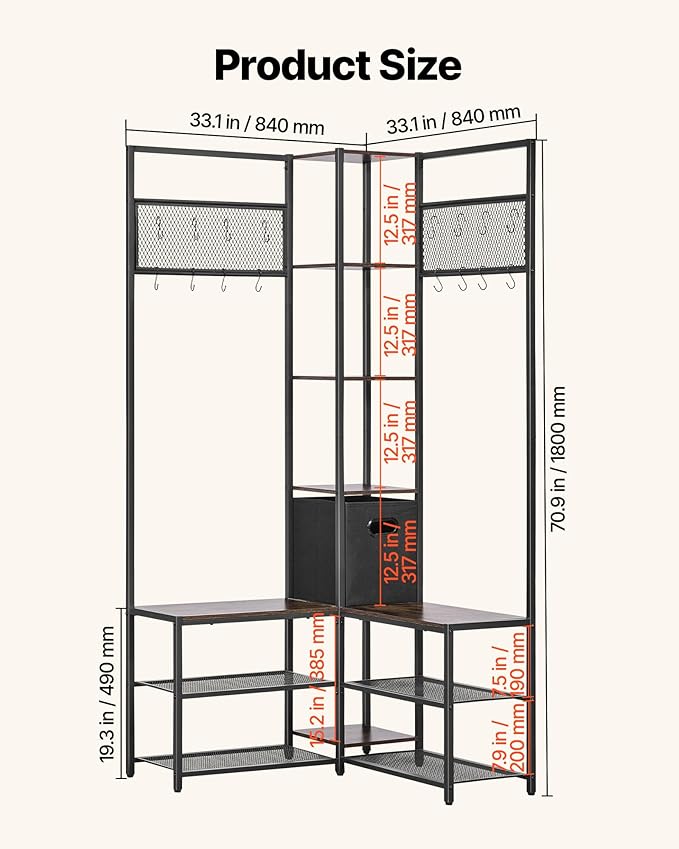 VEVOR Corner Hall Tree with Shoe Bench, 70.9 in Coat Rack with Hooks and Steel Frame, Freestanding Clothes Shoes Rack Storage Organizer with Anti-Tip Set, for Entrance, Closet, Office, Rustic Brown