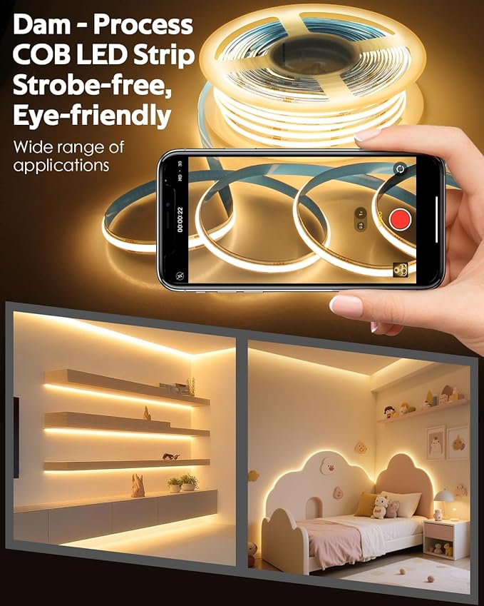 65.6FT/Roll COB Led Strip Lights 3000K 24V with Dam-Process Dimmable LED Light Strip with Remote/App CRI 90+ Warm White 480LED/M Super Bright Flexible LED Tape Light for Bedroom Cabinet DIY Lighting