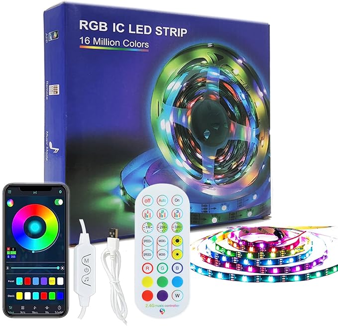 WS2811 IC WS2812b RGB Individually Addressable LED Strip Light 16.4FT 30Pixels/m Bluetooth APP Remote Control Music Sync for Room Home TV Party Decoration USB 5V