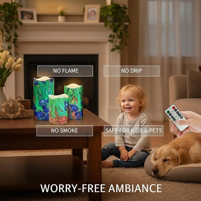 Floral Flameless LED Pillar Candles, 3pcs Van Gogh Irises Battery Operated Flickering Candles with Timer Remote,Decorative Flickering LED Candles for Wedding Mother's Day Home Decor