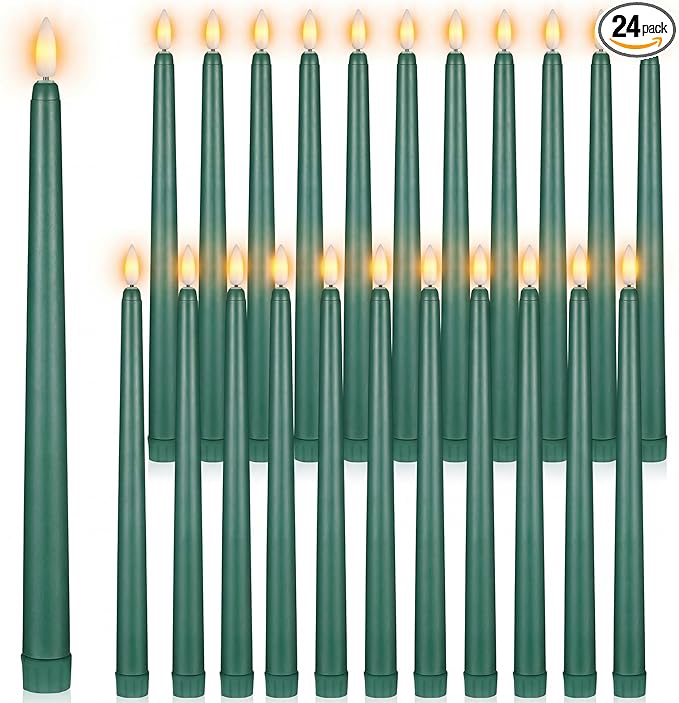 Macarrie 24 Packs Flameless Taper Candles Battery Operated Fake 11 Inch Long Candlelight LED Flameless Candlesticks Flickering Tapered for Spring Summer Wedding(Green)