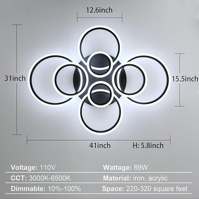 Modern LED Ceiling Light 41inch with Remote Dimmable 8 Ring Flush Mount Ceiling Light Fixture for Living Room Bedroom Kitchen Dining Room (Black)