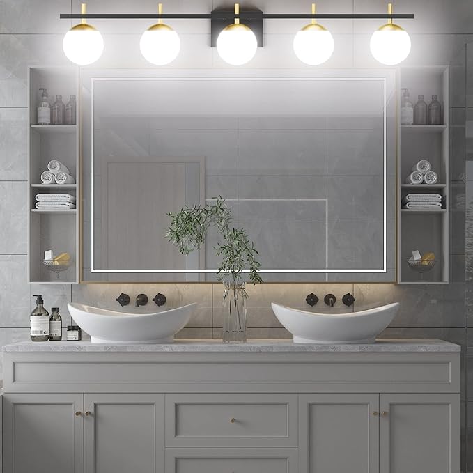 Ralbay Mid Century Modern Bathroom Vanity Light Fixture 5 Light Milky Glass Globe Modern Bathroom Light Fixture Over Mirror, Black/Golden 5 Light