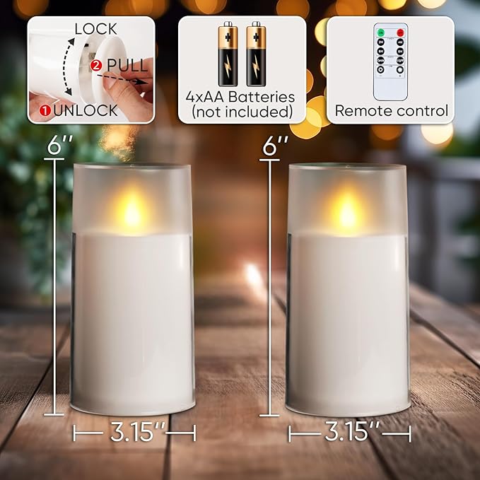 Homemory Flameless Candles Set of 2, White Acrylic LED Candles Upgraded Realistic Battery Operated Flames with Remote & Timer, Waterproof for Indoor,Outdoor Decor, Halloween & Christmas Lanterns