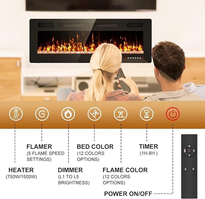 50” Electric Fireplace Recessed and Wall Mounted Fire Places with Remote Control, Touch Screen