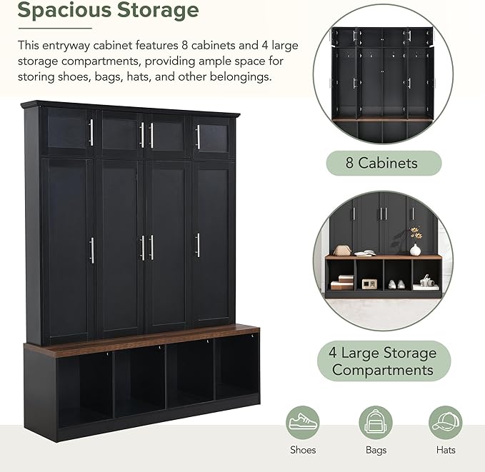 Multi-Functional Hall Tree with 4 Hidden Hanging Hooks, Brown Wood Grain Bench with Multiple Storage Space, Entryway Cabinet with Open Compartments for Living Room, Hallway (Black-15.6)