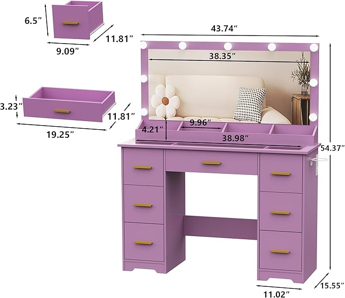 44" Vanity Desk with Mirror and Lights, Glass Top Makeup Vanity with RGB Ambient Lights & 7 Drawers, Large Dressing Table with Power Outlet for Bedroom, Purple