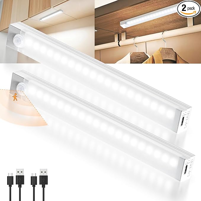 Rechargeable Motion Sensor Light Indoor, 12” LED Under Cabinet Lighting with 3 Modes & Memory Dimming, Stick On Lights for Closet, Kitchen, Hallways (2 Pack)