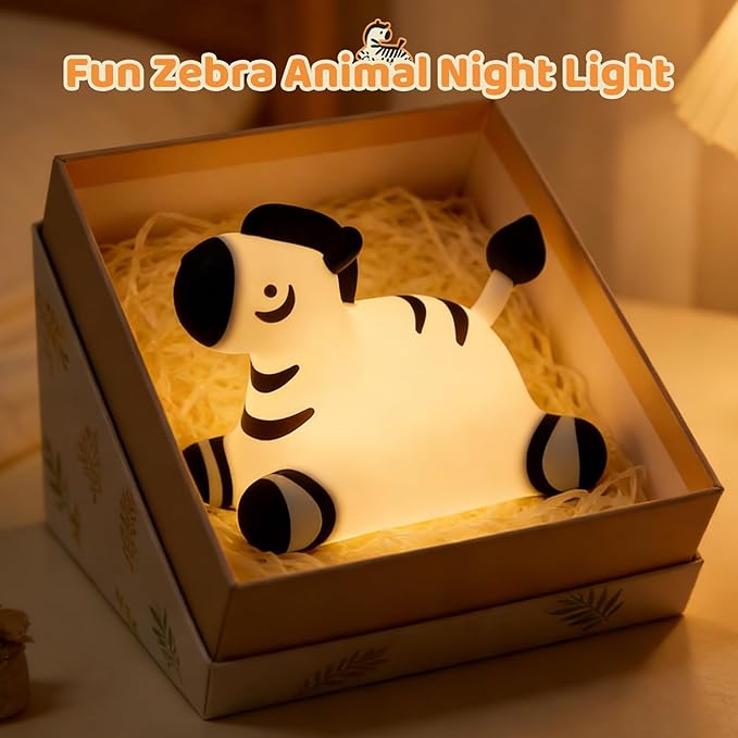 Zebra Silicone Night Light, Kawaii LED Cute Bedside Night Lights Squishy Touch Control USB Rechargeable Dimmable Lamp with Timer for Bedroom Animal Decor Adults Birthday Gifts Party Travel