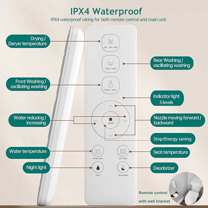 AQUATIZ Elongated Smart Toilet Bidet, Electric Toilet Seat with Self-Cleaning Nozzle, Adjustable Warm Water, Deodorizer, Air Dryer, LED Night light (Remote Control)