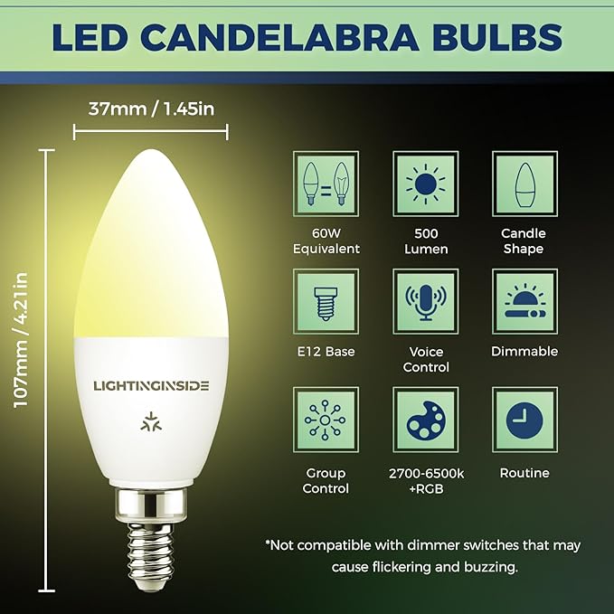 Lightinginside Matter Candelabra Smart Light Bulbs 60W Equivalent, 500LM 6W E12 LED Bulb Compatible with Alexa/Siri/Apple Home/Google Home/SmartThings, RGBCW Candle Bulb, 2.4G WiFi, ETL Listed, 2PCS