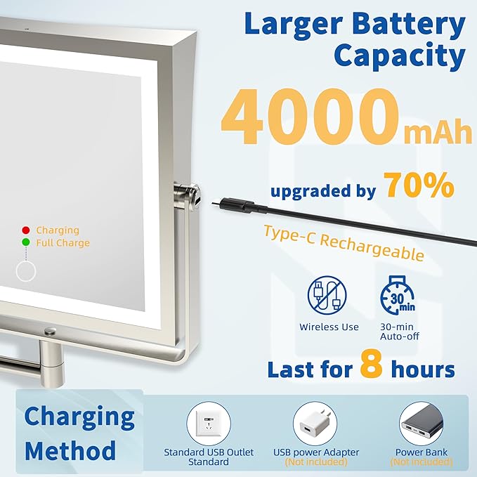 Ruacq Rechargeable Wall Mounted Makeup Mirror with Lights, Double Sided 1X/10X Magnifying Vanity Mirror with 3 Color Light, Touch Screen Dimmable, 360° Rotation Extension Foldable Arm(Brushed Nickel)