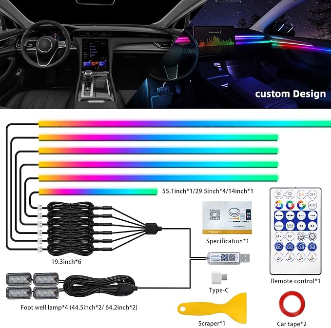 Acrylic Interior Car LED Strip Light with USB/Type C, Dreamcolor 10 in 1 with 187 inches 650 LEDs Ambient Lighting Kits, Sound Active Function Neon Accessories
