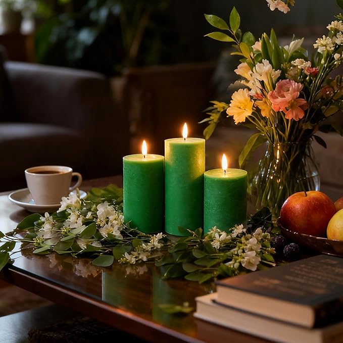 LUSHABOR Green Flameless Candles, Battery Operated Candles for St. Patrick’s Day, Real Wax LED Fake Candles for Spring Decor Party Centerpiece Green Set of 3
