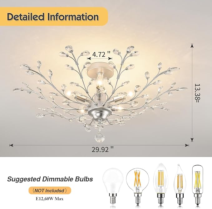 CVKASH 5-Light Vintage Small Crystal Chandelier Modern Silver Branche Ceiling Light Fixture Farmhouse for Kitchen Dining Room Living Room Bedroom Hallway Foyer