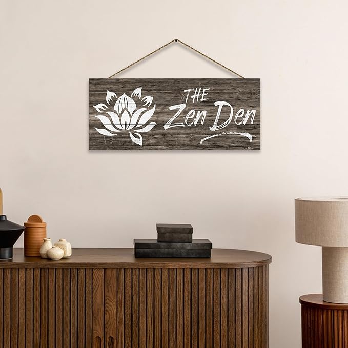 1 KINGO Farmhouse Zen Den Signs: Rustic Zen Den Yoga Studio Room Decoration Canvas Print Lotus Flower Wall Decor - Vintage Decorative Wooden Texture Wall Plaque for Home 6" x 15"