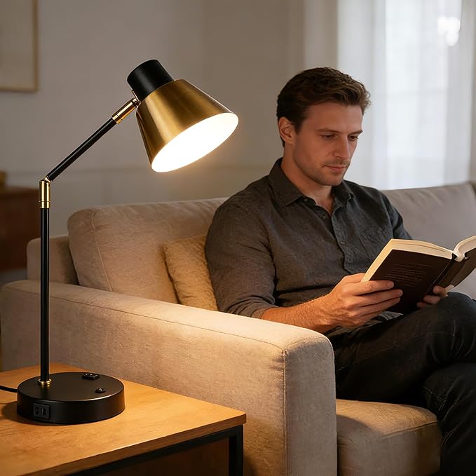 Modern Desk Lamp with USB & AC Outlet, Adjustable Industrial Table Lamp, Heavy Base, 270° Swivel, E26 Socket for A15/G45/T45 Bulbs, Bedside Lamp for Bedroom, Office, Living Room (Bulb Not Included)