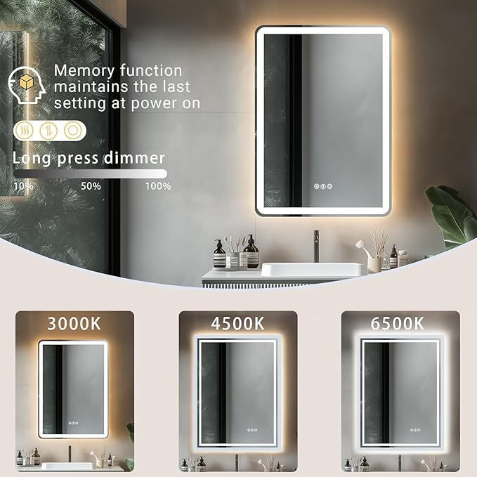 28"x 20" LED Bathroom Mirror with Stepless Dimmable, Backlight Wall Mirrors with Anti-Fog Bathroom Digital Mirror for Wall, 3 Color Modes, Memory Function Smart Mirror