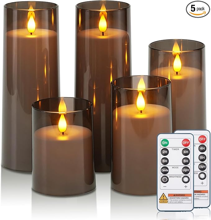 Raycare Flameless Candles Battery Operated with Remote Timer, Acrylic Flickering LED Pillar Candle for Christmas Decoration, Home Decor, Gift for Family and Friend, Grey, Set of 5