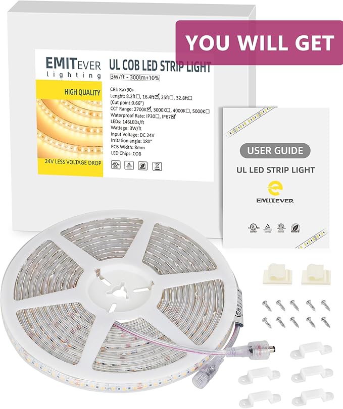 EMITEVER Outdoor LED Strip Lights Waterproof 16.4ft, 2700K Warm White 24V Dimmable Silicone LED Tape Lighting IP67 High Density, 240+LM/ft, 600LEDs,2.9W/ft, UL Listed (Power Supply Not Included)