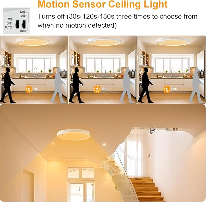 Eleganted Motion Sensor Ceiling Light Wired, 8.7 Inch LED Flush Mount Ceiling Light Fixture,3000k/4000k/6500k Selectable 18W Ceiling Lights for Pantry Hallway Stairwell Porch