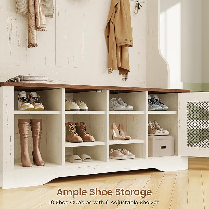 Itaar Hall Tree with Bench and Shoe Storage, 5-in-1 Entryway Bench with Coat Rack, 10 Shoe Cubbies & 9 Coat Hooks, Barn Door & Adjustable Shelf (White)