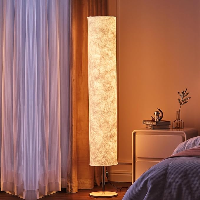 58" Modern Floor Lamp with Tyvek Fabric Shade 3000K Warm White LED Slim Standing Light,Column Cylinder Paper Lantern Floor lamp for Living Room, Bedroom, Game Room
