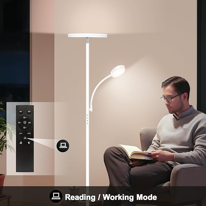 White Floor Lamp,Upgraded 42W/4200LM Bright Floor Lamp,Torchiere Floor Lamps with Reading Light,Modern Dimmable Standing Lamp with Remote,Floor Lamps for Living Room,Bedroom,Office
