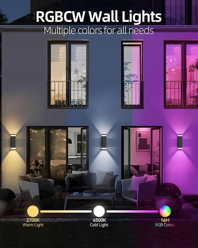 Smart Outdoor RGB Wall Lights 2 Pack, Wi-Fi & App Control Color Changing Up and Down Wall Sconce with Remote, Dusk to Dawn Waterproof Exterior Lighting Fixtures Works with Alexa, Google Assistant
