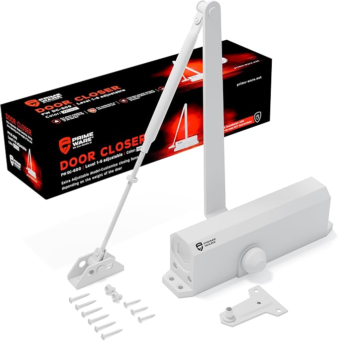 PrimeWare DC-600 Automatic Adjustable Door Closers for Home | Soft Close, No Slam | Residential and Commercial Door Closer | Level 1-6 | for Doors Weighing 30-300 lbs | Hydraulic Door Spring - White