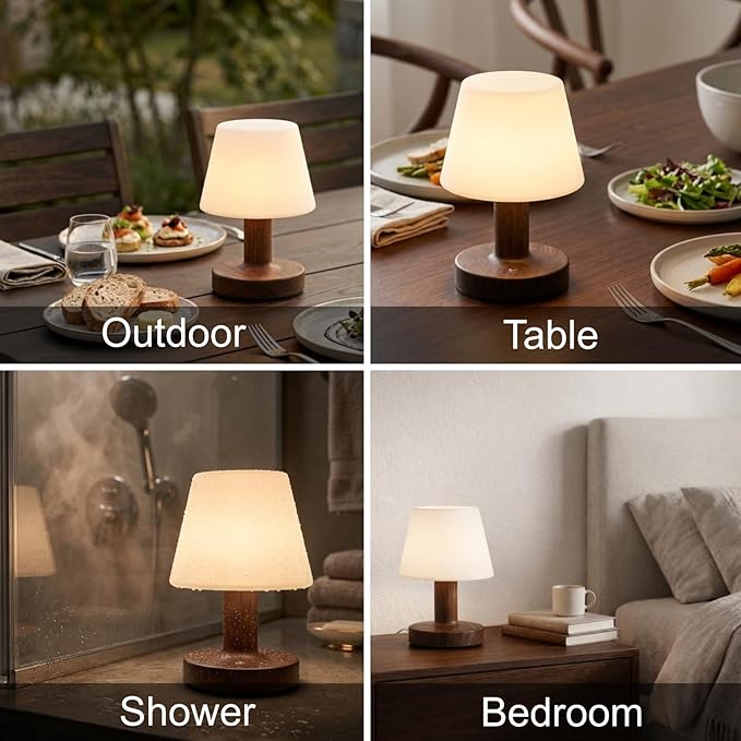 Cordless Table Lamp, Rechargeable Table Lamp, Waterproof Shower Lamp, 5200mAh Small Table Lamps, 3-Color Dimmable Touch Light, Portable Outdoor and indoor table lamp, Bedside night light (Dark Wood)