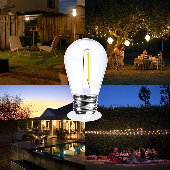 Jslinter 100 Pack Edison Bulb String Lights Outdoor, S14 Replacement Bulbs for Outdoor String Lights Waterproof 1W, E26 Base Led Light Bulb, 2700K Warm White Light Bulbs for Patio
