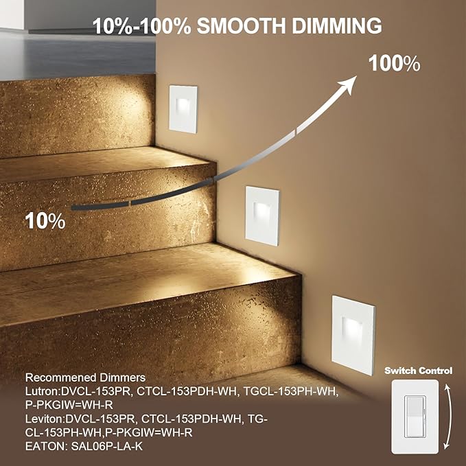 Vertical LED Recessed Step Light Fixture, 5CCT Selectable, IP65 Waterproof, 3W 70LM, 120V Stair Light Indoor Outdoor, 10%-100% Dimmable, White, ETL Listed - 8PK