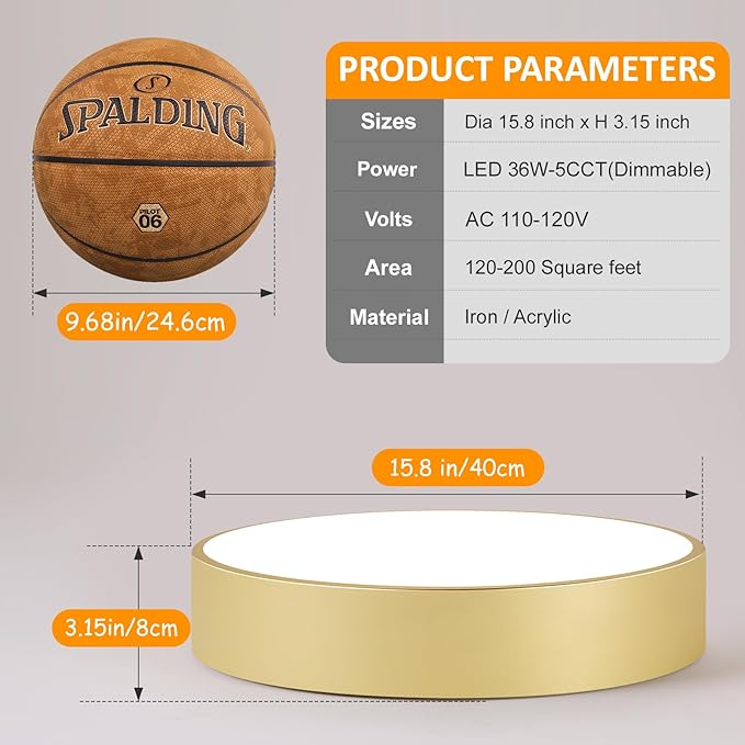 5CCT Modern Gold Close to Ceiling Light Fixtures,15.8 Inch Large Ceiling Lighting,Dimmable LED Ceiling Lamp for Bedroom, Living Room, Laundry Room