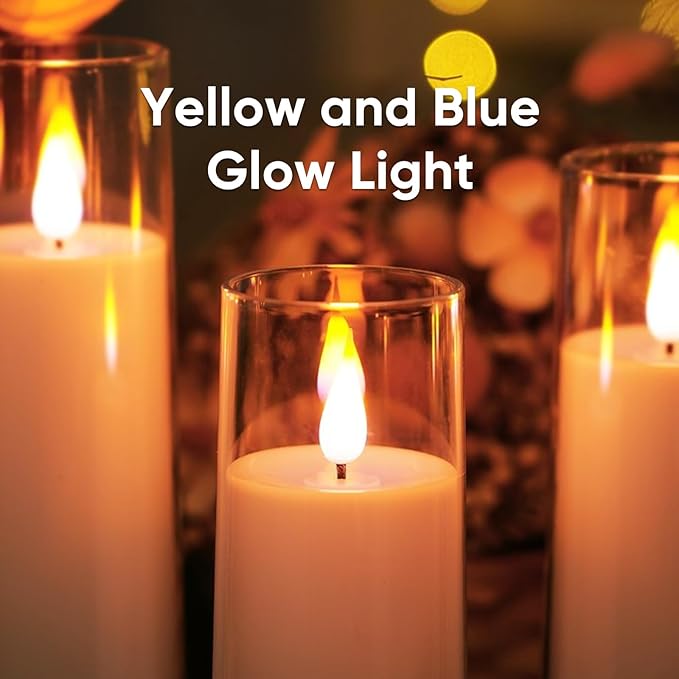 Amagic Magic Pure White Flameless Candles, Battery Operated Candles, Acrylic Flickering LED Pillar Candles with Remote Control and Timer, 3D Wick, Yellow and Blue Glow, D2.2 xH5.5 6.5" 7.5", Set of 9