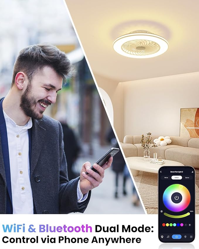 NEW Smart WiFi&Bluetooth RGB Ceiling Fans with Lights and Remote,20"low profile ceiling fan with light,Compatible with Alexa,Google Assistant,App Control Color Changing,3000K-6000K,6 adjustable speed