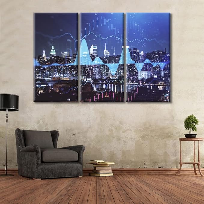 TUMOVO Forex Chart Drawings Over Cityscape Canvas Wall Art 3 Panel Smart City and Information Technology Abstract Paintings Wall Decor for Bedroom Print on Canvas Framed Ready to Hang (60" Wx40 H)