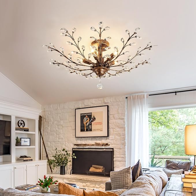 CVKASH 5 - Light Vintage Crystal Chandelier Modern Bronze Branche Ceiling Light Fixture Farmhouse for Kitchen Dining Room Living Room Bedroom Hallway Foyer