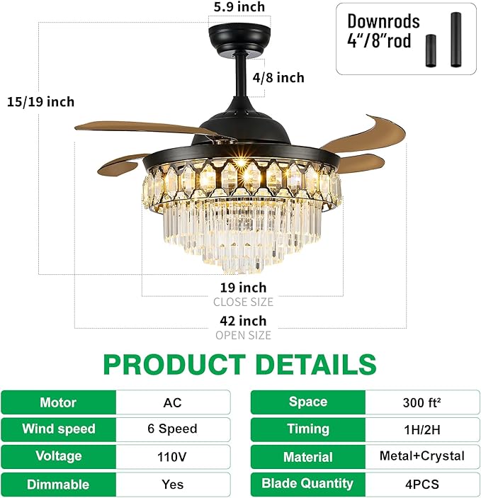 Lightree 42 Inch Black Fandelier Ceiling Fan with App Remote Control and Bluetooth Speaker,RGB LED Light Retractable Smart Ceiling Fan 6 Speed Timer Bluetooth Chandelier Fan for Bedroom Living Room