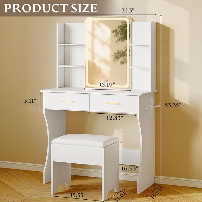 Makeup Vanity Desk with Mirror & Lights, Small Vanity Table Set for Girls with Chair & Power Outlet, Modern Dressing Table with 2 Drawers & 4 Storage Shelves, Adjustable RGB Lighting - White