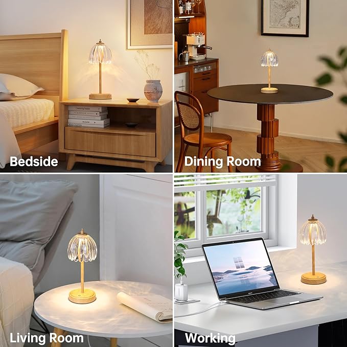 Tulip Table Lamp with 5200mAh Battery & Touch Control, Small Cordless Table Lamp with 3 Colors, Rechargeable Battery Operated Table Lamps for Bedroom, Desk, Bedside (Transparent-Beech Color)