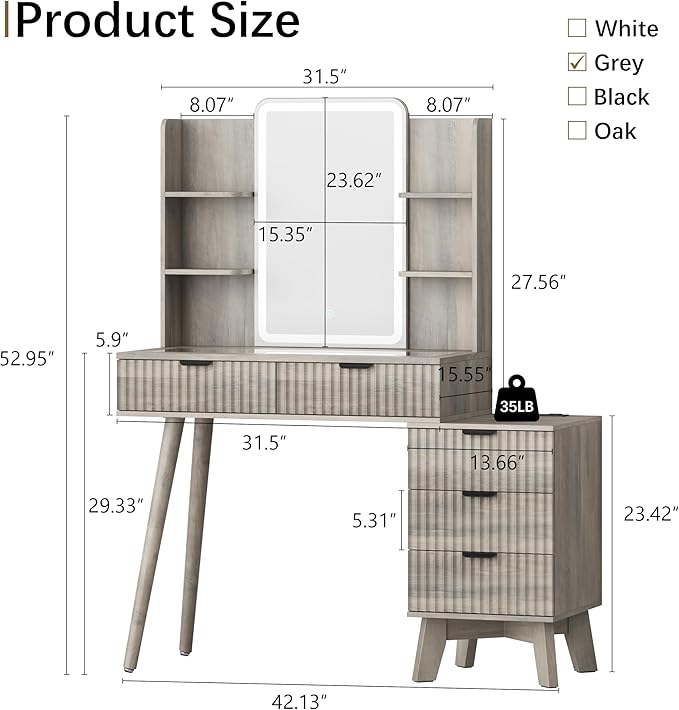 42'' Fluted Makeup Vanity Desk with LED Lights Mirror & Charging Station, Modern Glass Top Vanity Table with 5 Drawers & Open Shelves, Dressing Table for Bedroom, Living Room, Grey