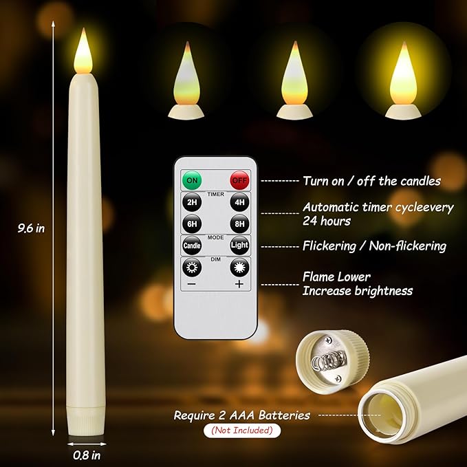 Flameless Taper Candles with Remote Control and Timer, Battery Operated LED Candlesticks with Flickering 3D Flame, 9.6×0.8 Inches Plastic Fake Candles for Christmas, Wedding and Home Decor (Ivory, 6)