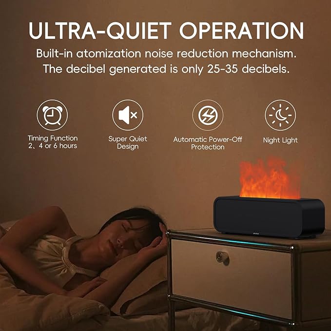 Essential Oil Diffuser, Flame Fire Oil Diffuser, 250ml Cool Mist Aromatherapy Humidifier, Scent Aroma Diffuser with 7 Colors Light, Remote Control, Timer & Auto-Off for Home Room (Black)