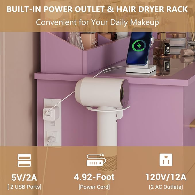 44" Vanity Desk with Mirror and Lights, Glass Top Makeup Vanity with RGB Ambient Lights & 7 Drawers, Large Dressing Table with Power Outlet for Bedroom, Purple