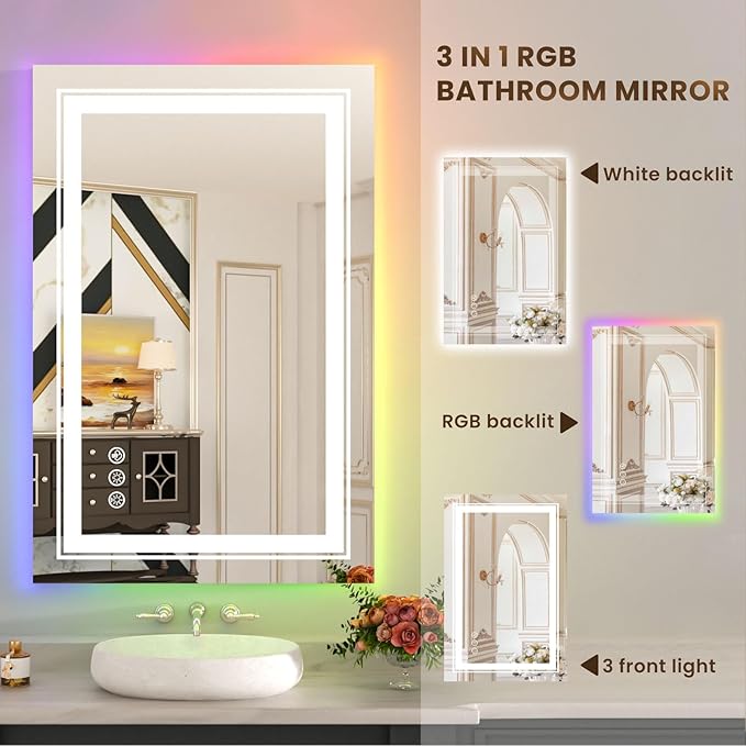 WTTY LED Bathroom Mirror 20"x28" with RGB Backlit and 3 Front Light,Stepless Dimmable LED Mirror for Bathroom,Lighted Bathroom Vanity Mirror for Wall,Anti-Fog,Memory Function,Shatter-Proof