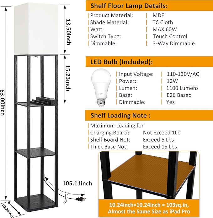 FOLKSMATE LED Shelf Floor Lamp with USB Charging Ports，Type C Port & Power Outlet, 3 Way Dimmable Touch Control Modern Standing Lamps with Shelves for Bedroom, Living Room